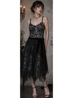 KAREN MILLEN Floral Tulle Cocktail Dress Black US 8 Whimsigoth Dark Romantic